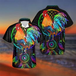 Men's Casual Shirts Black Men's Hawaiian Short Sleeve Button Harajuku Dream Catcher Rooster Print Turn-Down Collar Guayabera Camisa Chem