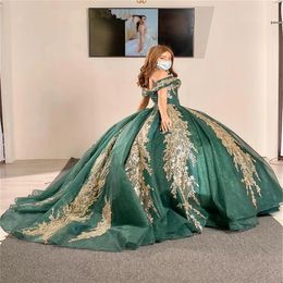 gold sweet 15 dresses Australia - Hunter Green Sequins Quinceanera Dresses With Gold Lace Off Shoulder Beading Sweet 16 Party Dress Vestidos De 15 Anos Birthday259W