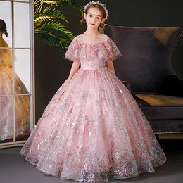 Bling Sequin Girls Pageant Fluffy Toddler Pink First Holy Communion Gown Ruched Flower Girl Dresses Ball Gowns Party Dress 403