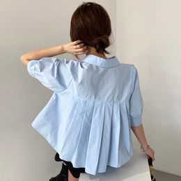 Women's Blouses & Shirts Simple Design Back Pleated Short Sleeve Women Shirt Korean Office Ladies Elegant White Blouse Summer 2022 Clothing