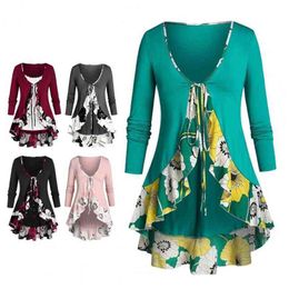Elegant Women Long Sleeve Floral Print Bandage Cardigan Lace Camisole Two Piece Outfit Party Dress L220705
