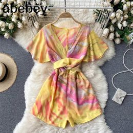 Women Boho Floral Rompers Retro Flying sleeve V Neck Sashes Casual Jumpsuit Summer Vacation Beach Wide Leg Short Rompers 210715