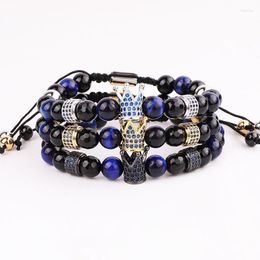 Beaded Strands Design Natural Stone Blue Tiger Eye Zircon Crown Charm Friendship Macrame Adjustable Bracelet Men Fawn22