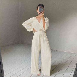 Dabourfeel Casual Beige Pleated Blouse And Wide Leg Pants Two Piece Sets Suit Women Elegant Elastic High Waist Ruched Trousers T220729