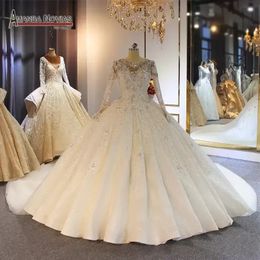 Custom Made 2022 Luxury High Neck Crystal Lace Ball Gown Wedding Dresses Muslim Long Sleeves Open Back Plus Size Bridal Gown Vestidos De Noiva
