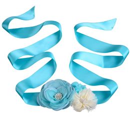 Belts Turquoise Blue Girl Woman Sash Belt Satin Silk Chiffon Flower With Pearl Rhinestone Wedding