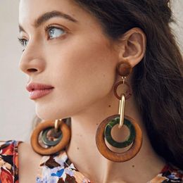 Dangle & Chandelier Fashion Retro Colour Big Circle Earrings Europe And America Exaggerated Metal Asymmetry Wood Geometric For WomenDangle