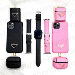 phone case with band Canada - Top Luxury 3-piece Set Earphone protector Watch band Phone cases For iPhone 13 12 Pro max 11 11Pro X XS XR XSMAX PU Leather AirP255T