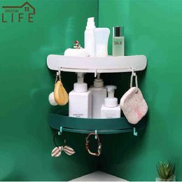 Household Bathroom Waterproof Triangle Shelf Wall Mounting Toiletries Warehouse Rack Movable Hooks Shampoo Holder Soap Organiser J220702
