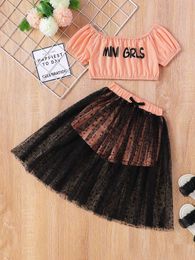 Toddler Girls Letter Graphic Crop Top & Star Mesh Overlay Bow Front Skirt SHE