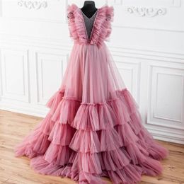 Sheer V Neck Ruffled Women's Prom Dresses Tiered Maternity Robes Sleeveless Baby Shower Photography Gowns Lady Formal Wear