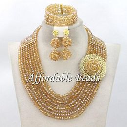Earrings & Necklace Gold African Wedding Beads Nigerian Beaded Jewellery Set Wholesale ABE078Earrings
