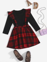 Toddler Girls Solid Tee & Plaid Print Ruffle Trim Suspender Skirt SHE