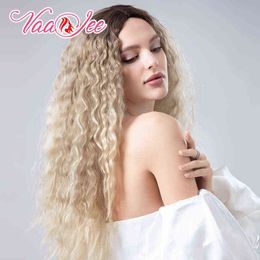 Fluffy Long Kinky Water Wavy Wig Synthetic Hair for White Women Ombre Blonde Cosplay Deep Wave Wigs 28 inch 220525