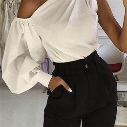 Celmia Asymmetrical Blouse Women Summer Off Shoulder Blusas Elegant Lantern Long Sleeve Shirt Fashion Ladies Party Tops 220727