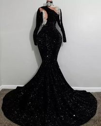 HOT! Sexy High Neck Long Sleeve evening formal dresses Sparkly Black Sequin beaded African aso ebi Black Girls Mermaid Long Prom reception Dress 2022