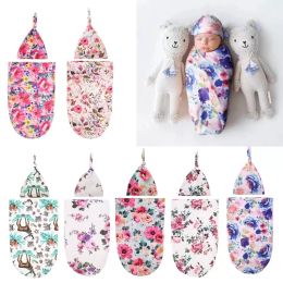 2Pcs/set Cute Muslin Baby Blanket Hat Set Comfortable Flower Print Newborn Sleeping Bag Swaddle Wrap Baby Photography Props