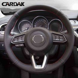 Cardak Black Synthetic Leather HandEmbroidered Car Steering Cover For Mazda CX3 CX3 CX5 CX5 2017 2018 Car steering Covers J220808