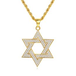 Full Zircon Six-pointed Star Pendant Necklace Gold Plated Bling Mens Hip Hop Rap Jewelry