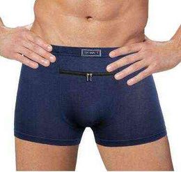 Dropshipping Men's anti-theft underwear big pockets Boxer four quarter anti-theft briefs , single zippers Panties G220419