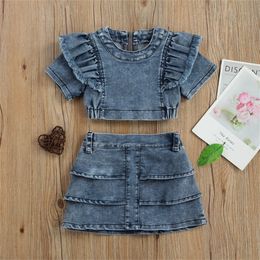 2 Piece Toddler Summer Outfits Set Solid Color O Neck Short Sleeves Crop Tops High Waist Layered Skirt for Girls 1 6 Years 220620