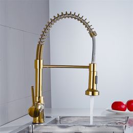 Golden Spring Single Handle Single Hole Pull Out Faucet Rotatable Hot and Cold Water tap Kitchen Sink Mixer Durable Water Tap T200424