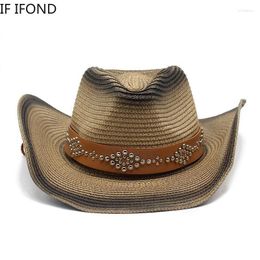 Berets Summer Western Cowboy Hat For Men Women Wide Brim Straw Beach Cap Outdoor Wind Lanyard Sun Panama HatsBerets Oliv22