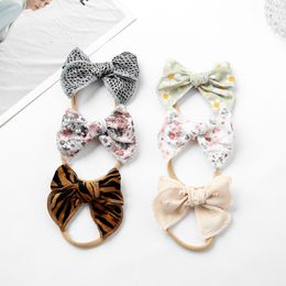 3.6" Floral Printed Fable Bow Nylon Headband Baby Corduroy Bow Hair Clip Girls Hair Bow Nylon Headbands Kids Hairpins