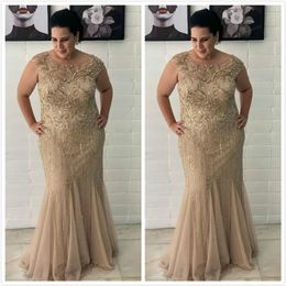 Vintage Gold African Mother Of The Bride Dresses Mermaid Scoop Neck Lace Appliques Crystal Beads Cap Sleeves Floor Length Party Evening Wedding Guest Gowns 403