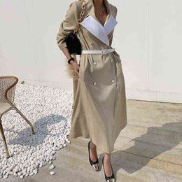 Women's Trench Coats Korean Khaki Coat With Belt Women Casual Autumn 2021 Elegant Colour Contrast Patchwork Double-breasted Female Windbreake T220815