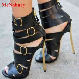 Black Buckle Stiletto Heels Strappy Sandals for Women Cut Outs Peep Toe Back Zipper Solid Sandals Summer Party Dress Straps Wrap 220514