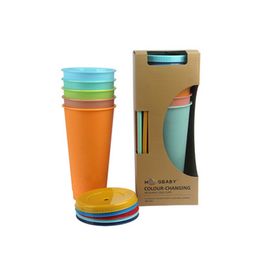 5pcs/set 710ml Magic Colour Changing Water Cup Fashion Portable Reusable Plastic Temperature Discoloration Water Bottle With Lid/Straw