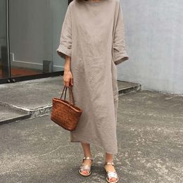 Casual Dresses 2022 Spring Robe Round Neck Linen And Cotton Vestidos Pullover Loose Long Dress Women Arts Vintage Solid Colour Oversized