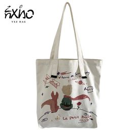 Little Prince Pattern Canvas Bags Harajuku Style Cartoon Shoulder Bags For Women Small Fresh Ladies Shopping Bag Large Eco Bag 210302