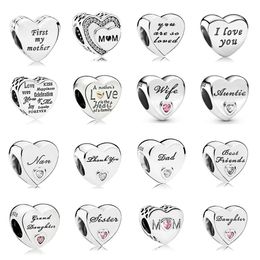 Authentic 925 Sterling Silver Hearts Beads Mom Dad Sister Thank you Nan Granddaughter's Love Charms Auntie Wife Love Heart Fit Pandora Bracelets Necklace DIY Jewellery