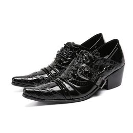 Business Party Men Black Genuine Leather Shoes Pointed Toe Lace-up Buckle Men High Heel Shoes Mens Brogue Shoes
