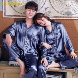 Blue Men and Women Blue Sleepwar Imitated Silk Long Sleeve Long Pants Fashion Style Turn Down Collar Homesuit Homeclothes LJ201113