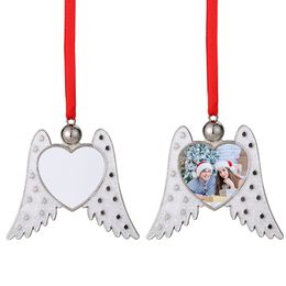 Sublimation Angel Wings Ornament Heat Printing Christmas Pendant Thermal Transfer Metal Pendants With Red Ribbon Customized Gift A02