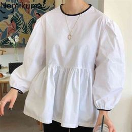 Nomikuma Women Doll Shirt Causal Puff Long Sleeve Hit Color O-neck Blouse Korean Sweet Top Blusas Feminimos 6D595 210326