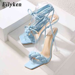 Sandals Eilyken Women Sandals Weaving Fashion Style Ankle Strap Sandals Clear Perspex High Heels Lady Summer Hot Selling Party Shoes 220318