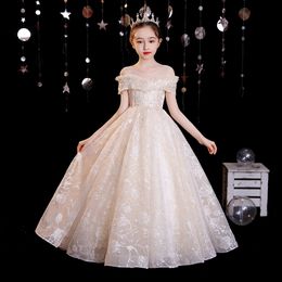 2023 Luxury Champagne Bling Sequin Girls Pageant Dresses Fluffy Off the Shoulder Ruched Flower Girl Dresses Ball Gowns Party Dresses