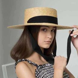 WeMe Boater Fashion Simple Bind Straw Flat Hat Outdoor Shade Sunscreen Beach Wide Brim Hats Oliv22