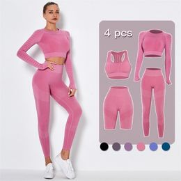 4PCS Seamless Women Yoga Set Workout Sportswear Gym Clothing Fitness Long Sleeve Crop Top High Waist Leggings Short Suits 220330