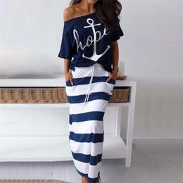 Summer Striped Women Casual Sexy Slash AnkleLength Slim es Female Off Shoulder Blouses Tshirt & Maxi Dress 2 Pieces 220809