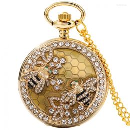 Pocket Watches Crystal Diamond Bee Flowers Quartz Watch Charming Necklace Jewellery Luxury Gold Pendant Chain Diamond-encrusted FOB Clock Thun