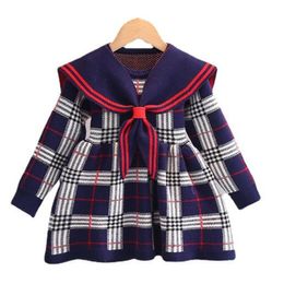 2022 Fashion Baby Girls Knitted Sweater Dresses Spring Autumn Preppy Style Kids Long Sleeve Dress Coat Collar Children Princess Dress