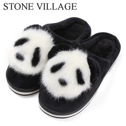 STONE VILLAGE Cute Cartoon An Panda Women Ladies NonSlip Slip On Warm Plush Indoor Home Slippers Shoes Y201026