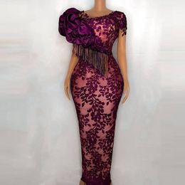 Capped African grape Mermaid Prom Dresses For Black Girls Tassel Applques Lace Mermaid Evening Dress Plus Size Party robes de soirée