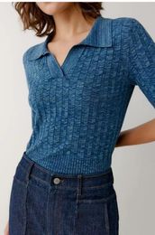 502 2022 Summer Kint Short Sleeve Lapel Neck Brand Same Style Sweater Blue Womens Clothes Weikey