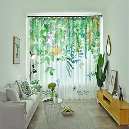 Curtain & Drapes Nordic Simple Small Fresh Green Plant Ins Style Bedroom Light-transmitting Rod Hook-free Punch-freeCurtain DrapesCurtain